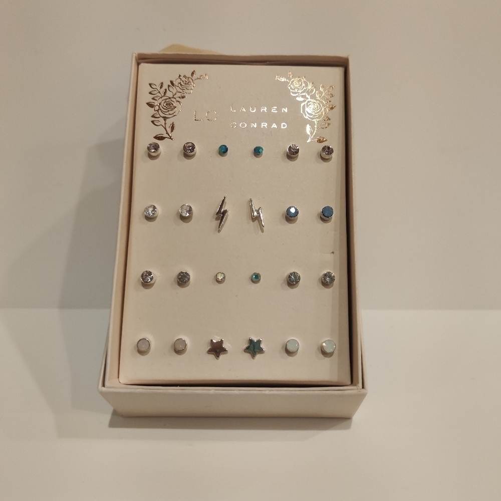 LC Lauren Conrad Multi Stud Earring Set Pink Blue Crystal Star Lightning Bolt​ - Picture 2 of 3